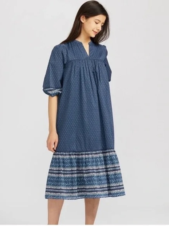 Anna Sui Dresses & Skirts - Anna Sui x Uniqlo Blue Boho Midi Dress Small Cotton Peasant Cottagecore